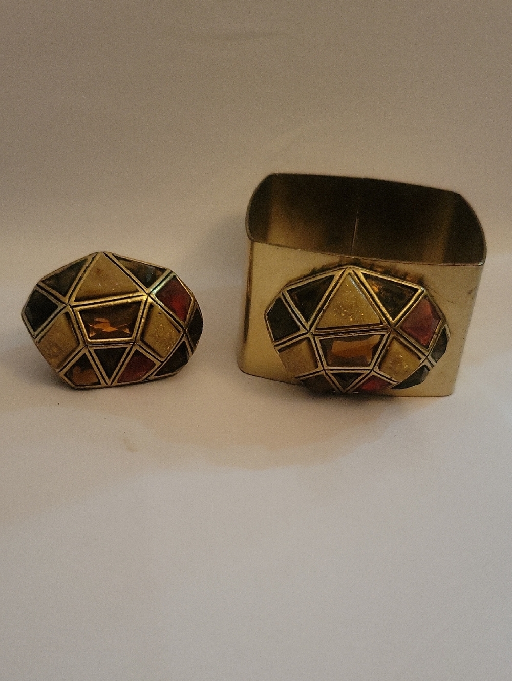 Geometric Inlay Statement Cuff and Size 7 Ring. Gold with Multicolor Inlay